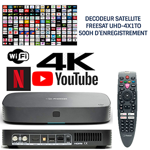 Dcodeur satellite HD FREESAT UHD-4X1To, 200 chanes sat anglaises, 13 chanes anglaises HD, sans abonnement, 500h enregistrement